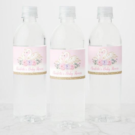 Roze Paarse Bloemenzwaan Prinses Baby shower Favor Waterfles Etiket (Flessen)