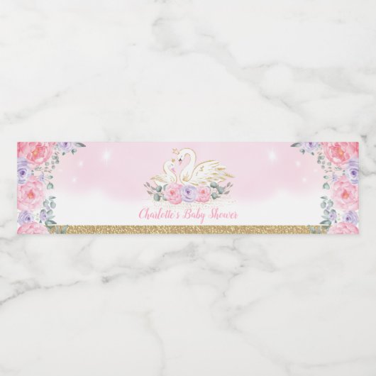 Roze Paarse Bloemenzwaan Prinses Baby shower Favor Waterfles Etiket (Enkel label)