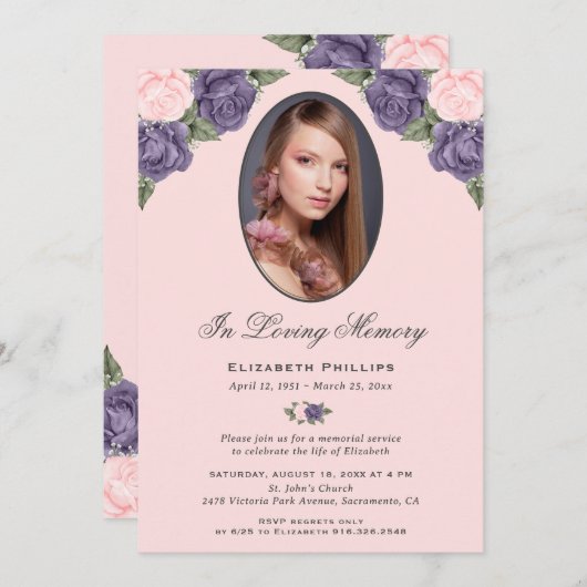 Roze Paarse bloemfoto in liefdevolle herinnering Kaart (Voorkant / Achterkant)