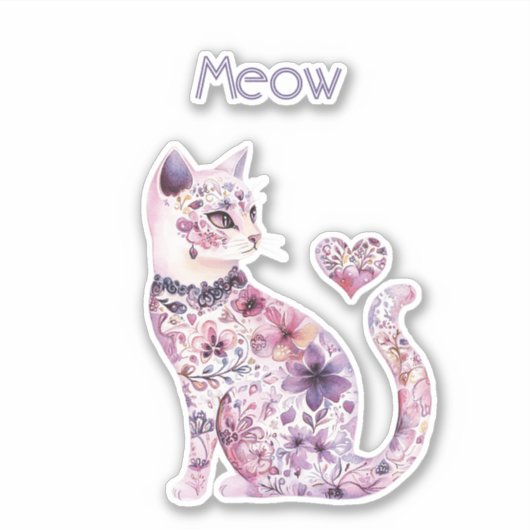 Roze Paarse Bloemhart Kat   Sticker (Voorkant)