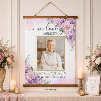 Roze Paarse Bloemige Funeral Memorial Foto Hangend Wandkleed
