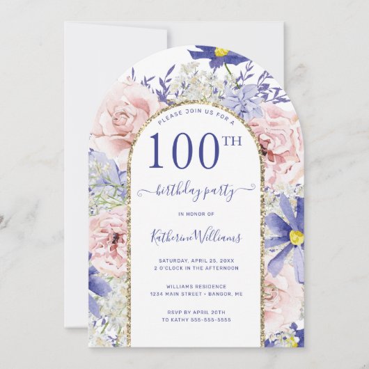 Roze Paarse Bloemige Gouden Boog 100ste Verjaardag Kaart (Voorkant)