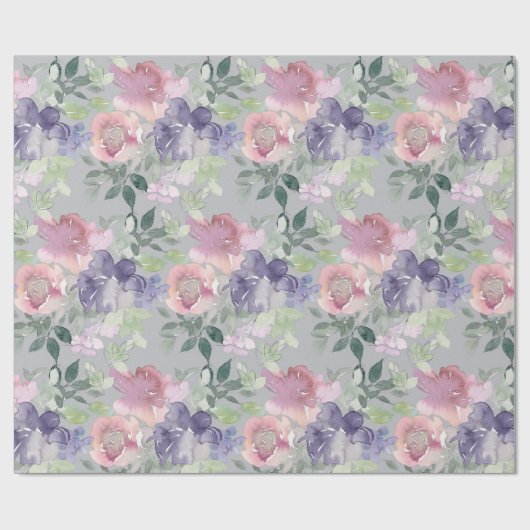 Roze Paarse Bloemige Grijze Achtergrond Cadeaupapier (Vlak)