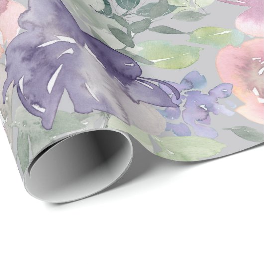 Roze Paarse Bloemige Grijze Achtergrond Cadeaupapier (Rol Hoek)
