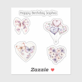 Roze Paarse Bloemige Hart Ballonnen Verjaardag Sticker