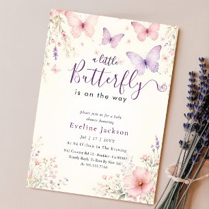 Roze Paarse Bloemige Lavendel Vlinder Baby Shower Kaart