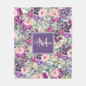 Roze Paarse Bloemige Monogram Naam Initiaal Fleece Deken (Voorkant)