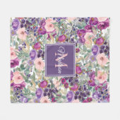 Roze Paarse Bloemige Monogram Naam Initiaal Fleece Deken (Voorkant (Horizontaal))
