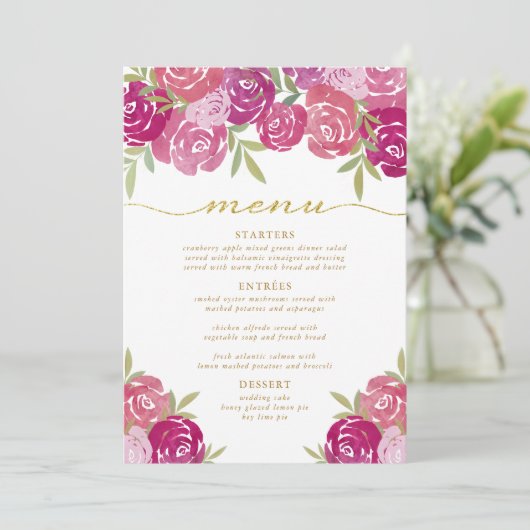 roze & Paarse bloemige Rozen bladeren bruiloft Menu (Staand voorkant)