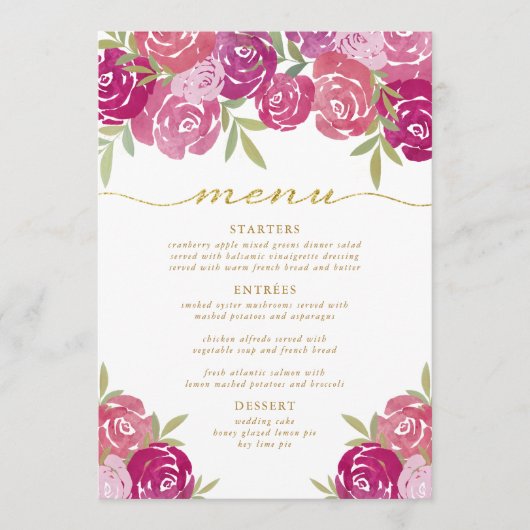 roze & Paarse bloemige Rozen bladeren bruiloft Menu (Voorkant)