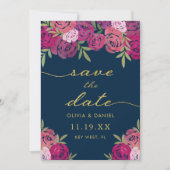 roze & Paarse bloemige Rozen bladeren bruiloft Save The Date (Voorkant)