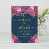 roze & Paarse bloemige Rozen bladeren bruiloft Save The Date (Staand voorkant)