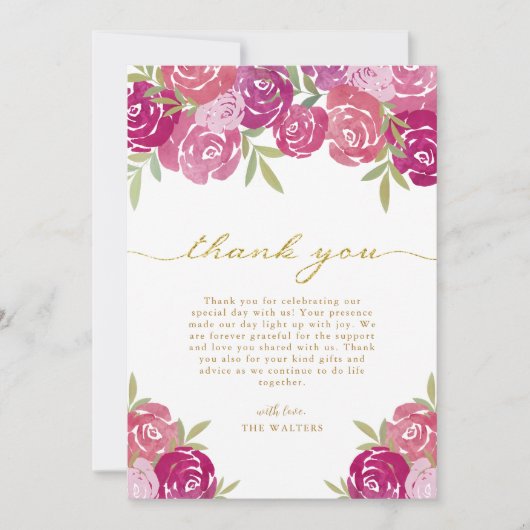 Roze & Paarse bloemige Rozen bladeren wit bruiloft Bedankkaart (Voorkant)