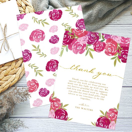 Roze & Paarse bloemige Rozen bladeren wit bruiloft Bedankkaart