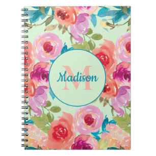 Roze Paarse Bloemige Turquoise Bladeren Mint Monog Notitieboek