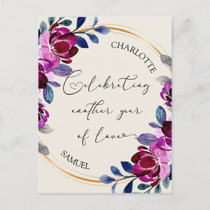 Roze Paarse Bloemige Vier het Liefde Jubileum Briefkaart
