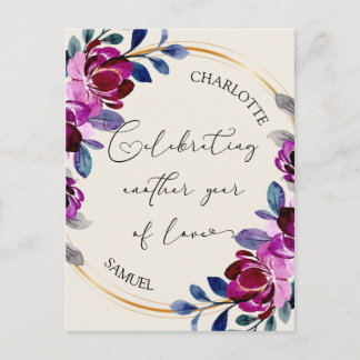 Roze Paarse Bloemige Vier het Liefde Jubileum Briefkaart