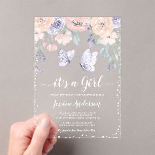 Roze Paarse Bloemige Vlinder Meisje Baby Shower Acryl Uitnodigingen