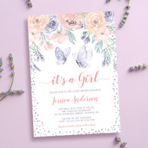 Roze Paarse Bloemige Vlinder Meisje Baby Shower