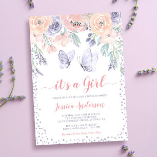 Roze Paarse Bloemige Vlinder Meisje Baby Shower Kaart