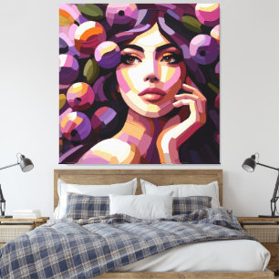 Roze Paarse Bloemige Vrouw Portret Canvasprint Canvas Afdruk