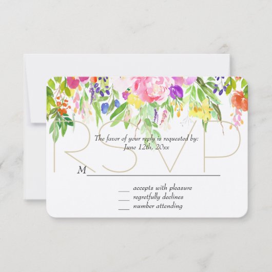 Roze Paarse Bloemige Waterverf Goud Glans RSVP (Voorkant)