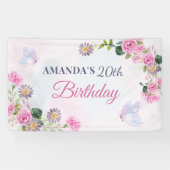 Roze paarse bloemige waterverf vlinder spandoek (Horizontaal)