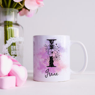 Roze Paarse Bloemige Zwarte Letter Monogram I Koffiemok
