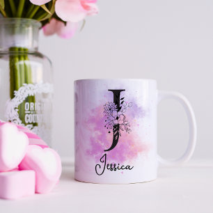 Roze Paarse Bloemige Zwarte Letter Monogram J Koffiemok