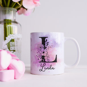 Roze Paarse Bloemige Zwarte Letter Monogram L Koff Koffiemok