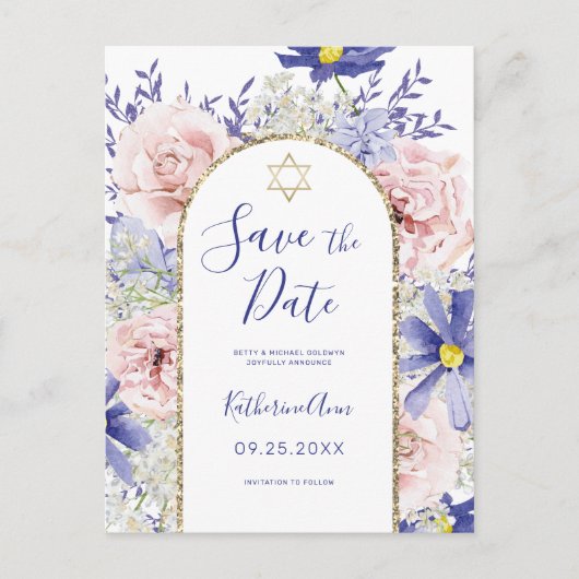 Roze Paarse Bloemknuppel Mitswa Save the Date Briefkaart (Voorkant)