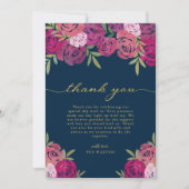 Roze & Paarse Bloemrozen Blauw Bruiloft Bedankkaart (Voorkant)