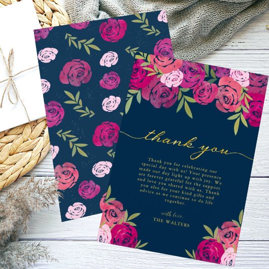 Roze & Paarse Bloemrozen Blauw Bruiloft Bedankkaart