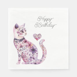 Roze Paarse Blos Bloemen Hart Liefde Kat Verjaarda Servet