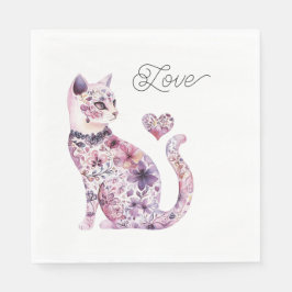 Roze Paarse Blos Bloemen Hart Liefde Kat Verjaarda Servet