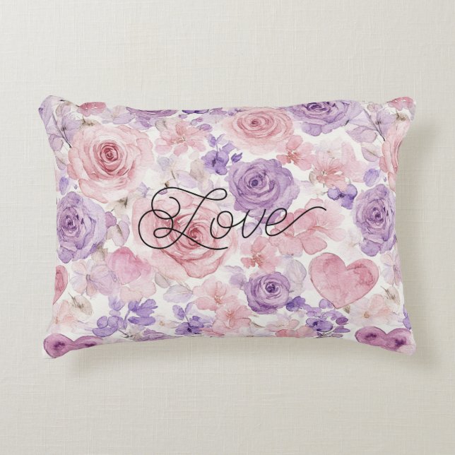 Roze Paarse Blos Bloemen Harten  Accent Kussen (Voorkant)