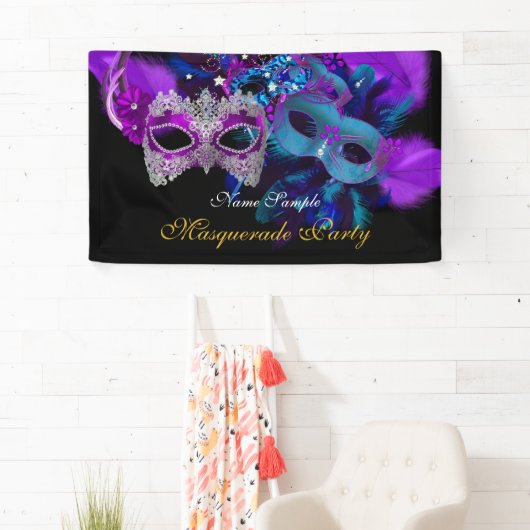 Roze Paarse Blue Masks Masquerade Party Spandoek (Insitu)