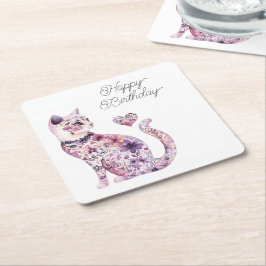 Roze Paarse Blush Bloemen Hart Liefde Kat Verjaard Kartonnen Onderzetters