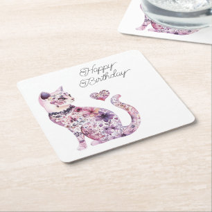 Roze Paarse Blush Bloemen Hart Liefde Kat Verjaard Kartonnen Onderzetters