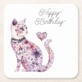 Roze Paarse Blush Bloemen Hart Liefde Kat Verjaard Kartonnen Onderzetters