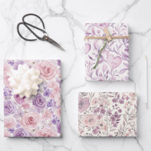 Roze Paarse Blush Bloemen Harten Bruidsfeest Inpakpapier Vel