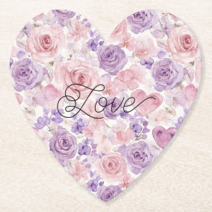 Roze Paarse Blush Bloemen Harten Bruiloft Kartonnen Onderzetters
