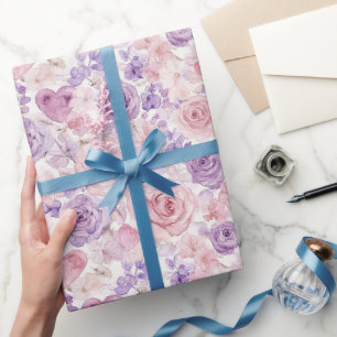 Roze Paarse Blush Bloemen Harten Valentijnsdag Cadeaupapier