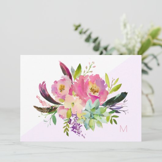 Roze Paarse Boho Floral Monogram Note Kaart (Staand voorkant)