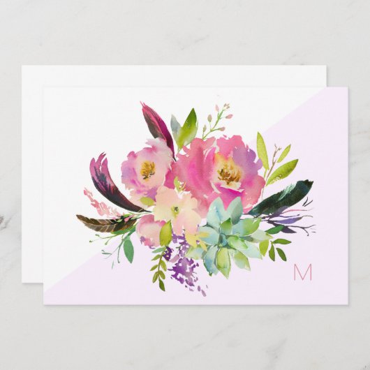 Roze Paarse Boho Floral Monogram Note Kaart (Voorkant / Achterkant)