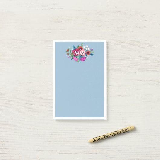 Roze Paarse Boho Florals White Monogram Post-it® Notes (Op bureau)
