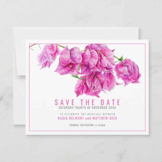 Roze paarse bougainvillea bloemenkunst bruiloft save the date (Voorkant)
