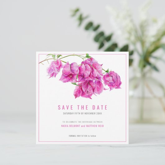 Roze paarse bougainvillea bloemenkunst bruiloft save the date (Staand voorkant)