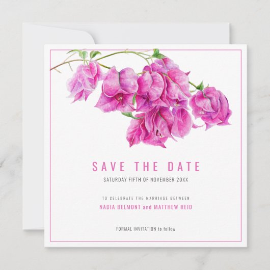 Roze paarse bougainvillea bloemenkunst bruiloft save the date (Voorkant)