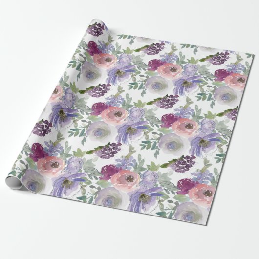 Roze Paarse Bourgogne Bloemen Bruiloft Wrapping Pa Cadeaupapier (Uitgerold)